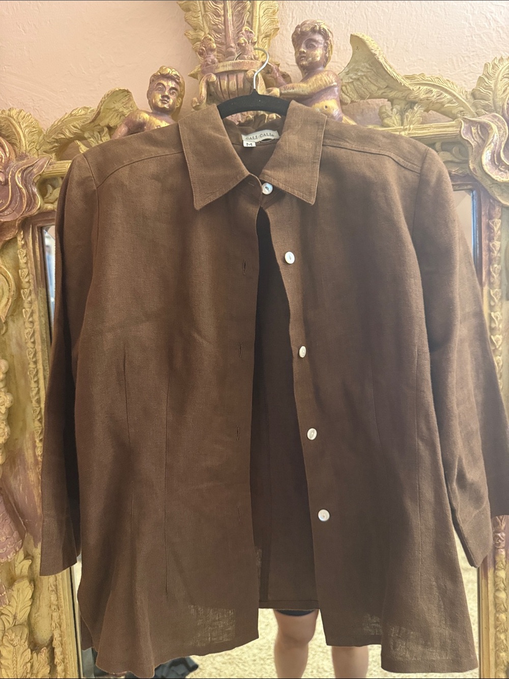 High quality tailored Brown Linen 3/4 sleeve button down